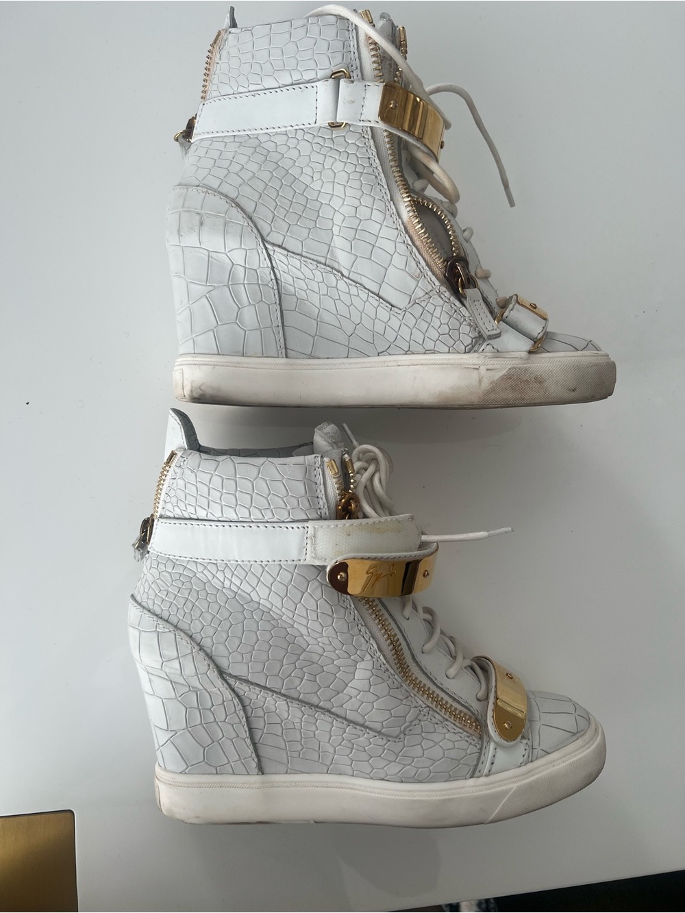 Giuseppe Zanotti White Croc-Embossed Wedge Sneakers with Gold Hardware